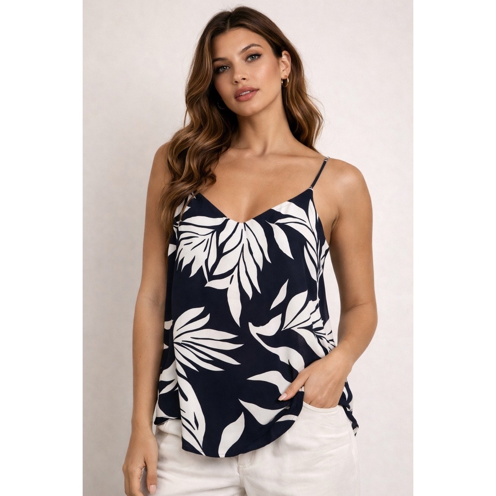 LOFT Camisole Women Small Navy White Tropical‎ Leaf Print Racerback V-Neck Tank